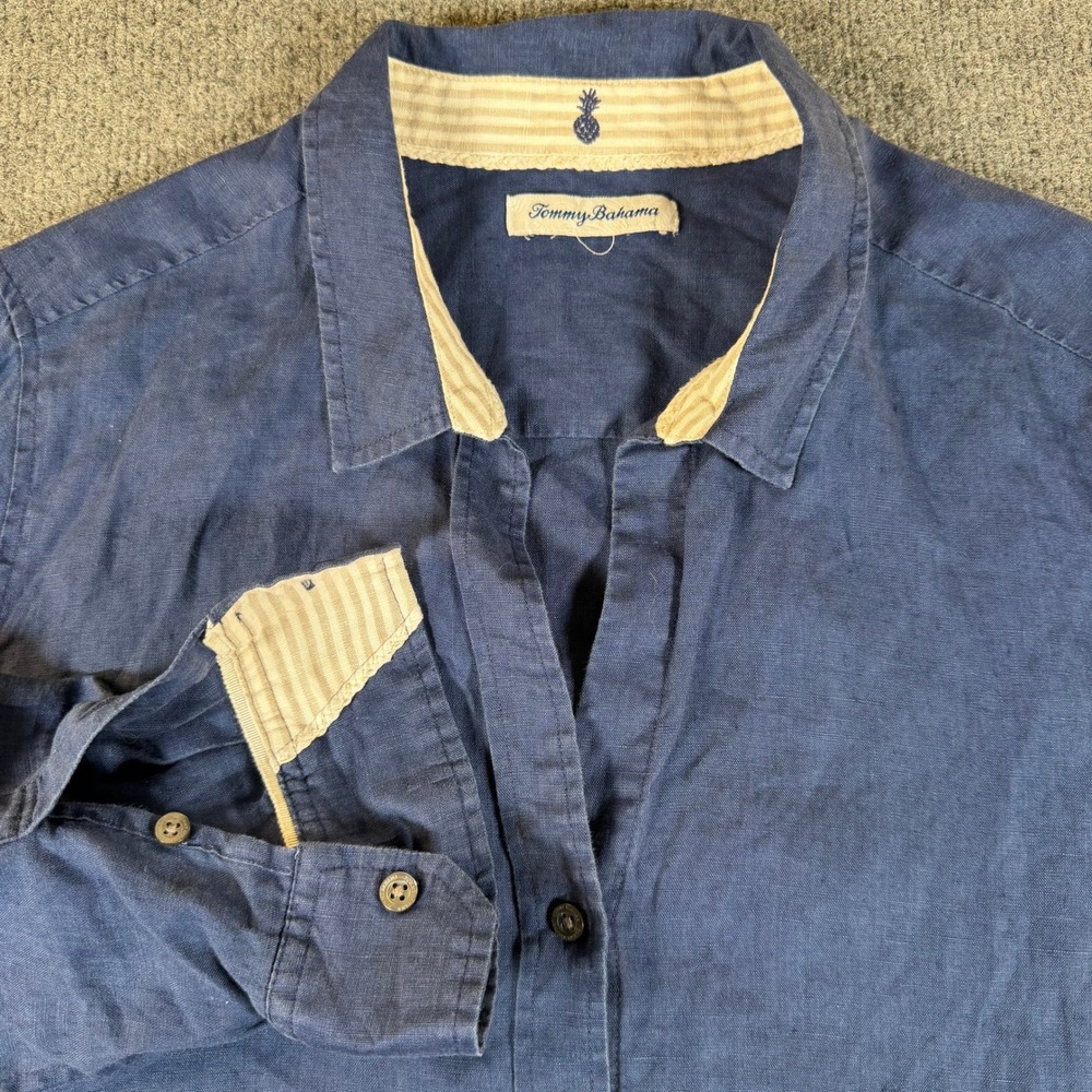 Tommy Bahama Mens Navy Blue 100% Linen Long Sleeve Button Down Shirt #3856